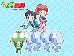  alien black_eyes black_hair blue_background copyright_name frog full_body gun hat hinata_fuyuki hinata_natsumi jacket keroro keroro_gunsou long_hair looking_at_viewer necktie official_art official_wallpaper pants red_eyes red_hair shirt short_hair simple_background star_(symbol) twintails v weapon yoshizaki_mine 