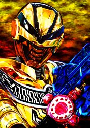  1girl 4ze_meteor absurdres armor armored_bodysuit assault_visor bilingual_commentary black_background black_bodysuit bodysuit chou_uchuu_keiji_gavan_infinity cloud_background clouds combat_helmet commentary full_armor gavan_luminous gavarion_laser gold_armor gold_helmet gold_theme gun hand_up head_tilt helmet highres holding holding_gun holding_weapon looking_at_viewer mixed-language_commentary multicolored_armor orange_armor science_fiction solo tokusatsu two-tone_armor upper_body weapon 