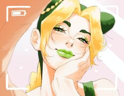  1girl blonde_hair commentary_request d4bhkas7ra79287 double_bun green_eyes green_hair green_lips hair_bun hand_on_own_face heart highres jojo_no_kimyou_na_bouken kujo_jolyne light_smile looking_at_viewer multicolored_hair selfie sidelocks solo stone_ocean two-tone_hair 