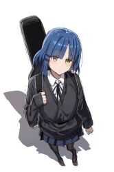  1girl black_bow black_bowtie black_jacket black_pantyhose blue_eyes blue_hair blue_skirt blush_stickers bocchi_the_rock! bow bowtie brown_shoes closed_mouth collared_shirt commentary commentary_request dot_nose from_above guitar_case hair_ornament hairclip highres instrument_case jacket loafers long_sleeves looking_at_viewer miniskirt mole mole_under_eye pantyhose pleated_skirt puteme school_uniform shadow shimokitazawa_high_school_uniform shirt shoes short_hair simple_background skirt sleeves_past_wrists solo standing white_background white_shirt yamada_ryo yellow_eyes 