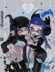  2girls :p alternate_color black_hair black_jacket black_pants black_shrug blue_eyes blue_hair braid breasts closed_mouth commentary commission ear_piercing eyelashes frisk_kunn glaceon grey_background grey_eyes hand_on_own_hip headphones heart highres inkling inkling_girl inkling_player_character jacket long_hair multiple_girls pants piercing pokemon pokemon_(creature) shiny_pokemon shrug_(clothing) single_braid sleeves_past_wrists small_breasts smile sparkle splatoon_(series) standing sweater tentacle_hair tentacle_hair_ornament tongue tongue_out torn_clothes torn_pants umbreon untranslatable_commentary very_long_hair watermark white_sweater 