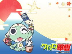  5boys alien black_eyes blue_eyes copyright_name dororo_(keroro_gunsou) frog giroro glasses hat headphones keroro keroro_gunsou kururu_(keroro_gunsou) looking_at_viewer mask mountain mouth_mask multiple_boys ninja_mask official_art official_wallpaper one_eye_closed scar scar_on_face simple_background star_(symbol) tadpole tamama yoshizaki_mine 