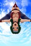  breasts cleavage cloud green_hair highres large_breasts lens_flare ninja original sky solo thighhighs ueyama_michirou upside-down 