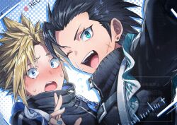  2boys apron aqua_eyes black_hair black_jacket blonde_hair blue_eyes blue_nails blush cloud_strife commentary_request crisis_core:_final_fantasy_vii cross_scar earrings final_fantasy final_fantasy_vii frilled_apron frills furrowed_brow hair_slicked_back highres jacket jewelry looking_at_viewer male_focus multiple_boys nail_polish nervous_sweating one_eye_closed open_mouth parted_bangs ribbed_collar scar scar_on_cheek scar_on_face short_hair sideburns single_earring slit_pupils smile sparkle spiky_hair sweat tears teeth upper_body upper_teeth_only viewfinder wo_tea zack_fair 