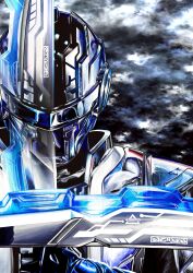 1boy 4ze_meteor absurdres armor armored_bodysuit assault_visor bilingual_commentary black_background black_bodysuit blue_armor bodysuit chou_uchuu_keiji_gavan_infinity cloud_background clouds combat_helmet commentary full_armor gavan_bushido gavarion_blade grey_helmet helmet highres holding holding_sword holding_weapon looking_at_viewer male_focus mixed-language_commentary multicolored_armor science_fiction silver_armor solo straight-on sword tokusatsu two-tone_armor upper_body weapon