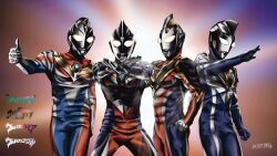  4boys abs alien arm_at_side armor artist_name blue_skin character_logo character_name chest_guard clenched_hand color_timer colored_skin commentary compound_eyes cowboy_shot crossed_wrists crystal dorsal_fin forehead_jewel giant giant_male glowing glowing_eyes gold_trim hand_up highres in-franchise_crossover legs_apart legs_together light_rays looking_at_viewer male_focus multicolored_skin multiple_boys muscular muscular_male no_pupils outstretched_crossed_arms pectorals red_skin ribs shoulder_armor side-by-side signature silver_skin standing thumbs_up tokusatsu toned toned_male two-tone_skin ultra_series ultraman_agul ultraman_dyna ultraman_dyna_(flash_type) ultraman_dyna_(series) ultraman_gaia ultraman_gaia_(series) ultraman_gaia_(supreme_version) ultraman_tiga ultraman_tiga_(multi_type) ultraman_tiga_(series) ultrataku white_eyes wrinkled_skin 