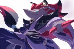  1other aqua_eyes black_fur black_hair claws clothed_pokemon furry furry_with_furry grey_fur korosliszt long_hair looking_at_viewer multicolored_hair pokemon pokemon_(creature) pokemon_unite red_claws red_fur red_hair simple_background solo standing two-tone_hair upper_body white_background zoroark zoroark_(ghost) 