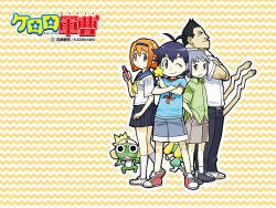  alien black_eyes black_hair blue_eyes brown_eyes brown_hair character_request copyright_name frog green_eyes grey_hair hairband hat keroro keroro_gunsou official_art official_wallpaper one_eye_closed pants school_uniform serafuku shirt shoes short_hair shorts skirt socks star_(symbol) t-shirt yoshizaki_mine 