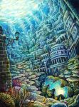  bubble building city coral fish highres kemi_neko lamp light no_humans original scenery shell underwater water 