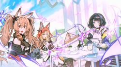  3girls :d :o absurdres angelina_(arknights) animal_ear_fluff animal_ears arknights arknights:_endfield black_gloves black_hair blonde_hair blue_eyes bottle brown_hair can cape chair coat commentary day dot_nose double-parted_bangs dress drink drink_can drinking ears_through_headwear ears_through_hood endministrator_(arknights) english_commentary female_endministrator_(arknights) floating floating_object flower fox_ears fox_girl gazebo gilberta_(arknights) glass_bottle gloves grey_dress hair_between_eyes hair_ornament headgear high_collar highres holding holding_can holding_drink holding_letter holding_paper holding_pen hood hood_up hooded_cape jacket jewelry letter long_hair looking_at_viewer low-tied_sidelocks medium_hair multiple_girls necklace no_mask off_shoulder open_clothes open_coat open_jacket orange_eyes outdoors paper pavilion pen plant potted_plant red_cape red_coat red_hood revision rossi_(arknights) ship_in_a_bottle sidelocks sitting smile sweater table tooth_necklace twintails wed_(lim38869577) white_flower white_sweater wolf_ears wolf_girl wooden_floor yellow_eyes 