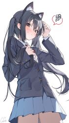  1girl animal_ear_fluff animal_ear_hairband animal_ears black_hair black_jacket blazer blue_skirt blush brown_eyes cat_ears closed_mouth collared_shirt commentary_request fake_animal_ears hairband highres jacket k-on! long_hair nakano_azusa neck_ribbon ningen_mame pleated_skirt red_ribbon ribbon sakuragaoka_high_school_uniform school_uniform shirt simple_background skirt solo spoken_squiggle squiggle sweatdrop twintails white_background white_shirt winter_uniform 