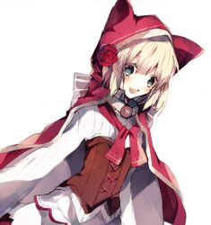  1girl blonde_hair blunt_bangs brown_corset cloak commentary corset flower green_eyes grimms_notes hair_ornament hood hooded_cloak looking_at_viewer open_mouth qi7pi red_flower red_hood red_riding_hood_(cm_kinen)_(grimms_notes) red_riding_hood_(grimms_notes) red_rose rose shirt short_hair simple_background smile solo striped_clothes striped_shirt untranslatable_commentary upper_body vertical-striped_clothes vertical-striped_shirt white_background white_shirt 