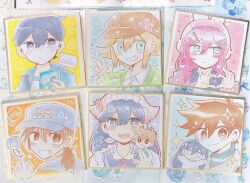  2girls 4boys alternate_eye_color animal_ear_headphones animal_ears aubrey_(birthday)_(omori) aubrey_(faraway)_(omori) aubrey_(omori) baseball_cap basil_(birthday)_(omori) basil_(faraway)_(omori) basil_(omori) black_eyes black_hair blonde_hair blue_eyes blush braid bright_pupils brother_and_sister brothers brown_eyes brown_hair brown_hat cardigan character_doll character_sticker closed_mouth collared_shirt commentary_request doll double-parted_bangs ear_piercing english_text fake_animal_ears four-finger_heart_hands green_cardigan grey_hat grin hair_behind_ear hair_between_eyes hair_ornament hairclip handheld_game_console hat headphones headscarf heart heart_hands hector_(omori) hero_(birthday)_(omori) hero_(faraway)_(omori) hero_(omori) holding holding_handheld_game_console holding_stuffed_toy jewelry kagami2525 kel_(birthday)_(omori) kel_(faraway)_(omori) kel_(omori) long_hair long_sleeves low_ponytail low_twin_braids mari_(birthday)_(omori) mari_(faraway)_(omori) mari_(omori) mari_(spirit)_(omori) multiple_boys multiple_girls newsboy_cap official_alternate_costume official_alternate_hairstyle omori parallel_hairclips piercing pink_hair ponytail rabbit_ear_headphones rabbit_ears ring shirt short_hair short_ponytail siblings sidelocks smile speech_bubble sticker stuffed_toy sunny_(birthday)_(omori) sunny_(omori) sweater teeth traditional_media turtleneck turtleneck_sweater twin_braids upper_teeth_only v white_headscarf white_pupils white_shirt 