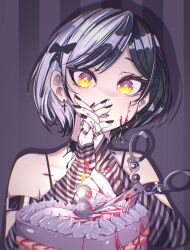  1girl arm_strap arm_warmers black_arm_warmers black_choker black_hair black_nails blood blood_on_face cake candle choker commentary english_commentary fire food fruit grey_hair happy_birthday highres hololive hololive_english ikkitaro jewelry looking_at_viewer multicolored_hair number_candle own_hands_together ring scissors shiori_novella shiori_novella_(1st_costume) short_hair solo split-color_hair strawberry strawberry_slice striped_arm_warmers two-tone_hair virtual_youtuber yellow_eyes 