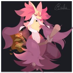  animal_ear_fluff black_background border delphox highres holding holding_stick mega_delphox multicolored_fur open_mouth outside_border pokemon pokemon_(creature) pokemon_legends:_z-a rullu_1507 signature simple_background solo stick white_border white_fur yellow_fur 