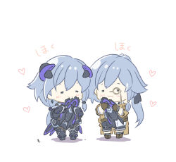  2girls armored_bodysuit black_hair brown_coat brown_gloves chibi closed_eyes closed_mouth coat commentary_request earrings fu_hua fu_hua_(hawk_of_the_fog) fu_hua_(shadow_knight) gloves highres honkai_(series) honkai_impact_3rd jewelry long_hair mon_momu monocle multiple_girls ponytail simple_background smile standing white_background 