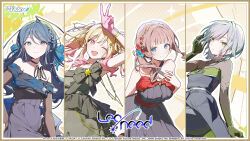  4girls ;d artist_name bare_arms bare_shoulders blonde_hair blue_bow blue_dress blue_eyes blue_flower blue_hair blunt_bangs bow breasts brown_gloves brown_hair closed_mouth collarbone column_lineup commentary_request company_name copyright_name copyright_notice criss-cross_halter double-parted_bangs dress elbow_gloves expressionless flower gem gloves gradient_gloves gradient_hair green_dress green_eyes green_gloves grey_eyes grey_hair guest_art hair_between_eyes hair_bow hair_flower hair_ornament halterneck happy highres hinomori_shiho hoshino_ichika_(project_sekai) jewelry leo/need_(project_sekai) light_blush long_hair looking_at_viewer low_side_ponytail medium_breasts medium_hair mochizuki_honami multicolored_hair multiple_girls necklace ningen_mame off-shoulder_dress off_shoulder official_art one_eye_closed open_mouth outline pearl_(gemstone) pink_eyes pink_gloves pink_hair ponytail project_sekai red_dress red_flower second-party_source sekai_symphony short_hair side_ponytail sidelocks small_breasts smile split_mouth star_(symbol) star_hair_ornament strapless strapless_dress tenma_saki upper_body v white_outline 
