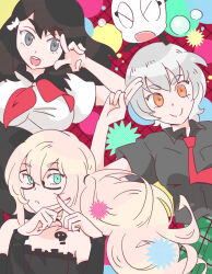  1boy 2girls :< :d arm_up bare_shoulders bird_hair_ornament black-framed_eyewear black_collar black_dress black_hair black_shirt black_skirt black_sleeves blonde_hair breasts chest_tattoo circle closed_eyes closed_mouth collar collared_shirt commentary_request creature crossdressing crossdressing_(mtf) crossed_fingers detached_sleeves dress frilled_dress frills gatchaman_crowds glasses green_eyes green_skirt grey_eyes hair_between_eyes hair_ornament hands_up high-waist_skirt high_side_ponytail highres ichinose_hajime large_breasts long_hair long_sleeves looking_at_viewer looking_to_the_side medium_hair misudachi_tsubasa multiple_girls nail_polish neckerchief necktie ninomiya_rui on_head open_mouth orange_eyes own_hands_together paiman patterned_background red_nails red_neckerchief red_necktie round_teeth salute semi-rimless_eyewear shirt short_hair short_sleeves side_ponytail sidelocks skirt skull_tattoo smile split_mouth strapless strapless_dress tattoo teeth thick_eyebrows toranosukeh_(2424816) trap two-finger_salute under-rim_eyewear unmoving_pattern v v-shaped_eyebrows v_over_eye very_long_hair white_shirt 
