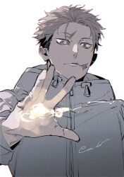 1boy aoi_(aoi68) closed_mouth commentary_request grey_jacket hood hood_down hooded_jacket itadori_yuji jacket jujutsu_kaisen jujutsu_kaisen_modulo looking_at_viewer male_focus scar scar_on_face scar_on_forehead scar_on_mouth short_hair signature simple_background solo undercut upper_body watermark white_background 