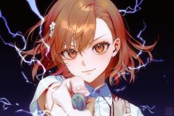  1girl aiming aiming_at_viewer asymmetrical_bangs brown_eyes brown_hair brown_sweater_vest closed_mouth coin collared_shirt commentary_request dark_background electricity electrokinesis hair_between_eyes hair_ornament hairpin holding holding_coin looking_at_viewer medium_hair misaka_mikoto qqubbell railgun_(misaka_mikoto) school_uniform shirt smile solo summer_uniform sweater_vest toaru_kagaku_no_railgun toaru_majutsu_no_index tokiwadai_school_uniform upper_body v-neck white_shirt 