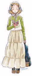  1girl animal_charm artist_name backpack bag black_nails black_shoes blonde_hair blue_bag blush bob_cut book bookmark brown_eyes brown_skirt buttons camisole charm_(object) closed_mouth curly_hair fashion forehead full_body green_shirt hair_ornament hairclip half-closed_eyes headscarf highres holding holding_bag holding_book kawai_chihiro layered_shirt long_skirt long_sleeves looking_down loose_hair_strand mori_kei mouse_charm multiple_hair_clips open_book original parallel_hairclips parted_hair platform_shoes raised_eyebrows reading ribbed_shirt ribbon shirt shoes short_hair simple_background skirt smile solo straight-on white_background white_camisole white_headscarf white_ribbon 