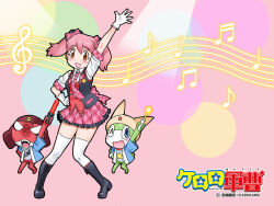  1girl 2boys alien belt blue_eyes boots choker copyright_name frog full_body giroro gloves glowstick happi hat hinata_natsumi jacket japanese_clothes keroro_gunsou long_hair looking_at_viewer multiple_boys necktie new_keroro_(keroro_gunsou) official_art official_wallpaper one_eye_closed penlight_(glowstick) pink_background pink_hair red_eyes ribbon shirt simple_background skirt thigh-highs twintails vest yoshizaki_mine 