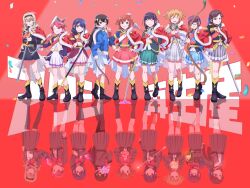  6+girls ^_^ absurdres aijo_karen arm_at_side ascot axe battle_axe bell black-framed_eyewear black_eyes black_hair black_hairband black_jacket black_pantyhose black_skirt black_socks black_thighhighs blonde_hair blue_hair blue_jacket blue_skirt blunt_bangs blunt_ends blush book boots bow bow_(weapon) bowtie brown_eyes brown_hair brown_shoes chromatic_aberration closed_eyes closed_mouth commentary_request confetti crossed_arms crossed_swords crossed_wrists crown crown_hair_ornament dagger daiba_nana different_reflection dual_wielding envelope full_body fur-trimmed_jacket fur_trim glasses green_jacket green_ribbon green_skirt grey_jacket grey_skirt grin hair_bell hair_bow hair_ornament hair_ribbon hairband hairclip half_updo hanayagi_kaoruko hand_on_own_chest hand_on_own_hip hand_up hands_on_own_hips heel_up highres holding holding_axe holding_book holding_bow_(weapon) holding_dagger holding_envelope holding_hair_ornament holding_knife holding_mace holding_notebook holding_polearm holding_sword holding_weapon hoshimi_junna isurugi_futaba jacket jacket_on_shoulders jingle_bell kagura_hikari katana knee_boots kneehighs knife koujichu_00 lineup loafers long_hair long_sleeves looking_at_viewer low_side_ponytail mace medium_hair mini_crown miniskirt multicolored_jacket multiple_girls naginata notebook one_eye_closed open_clothes open_jacket open_mouth own_hands_together pantyhose parted_bangs parted_lips partially_unbuttoned pink_hair pink_jacket planted planted_sword pleated_skirt polearm purple_bow purple_hair purple_jacket red_background red_bow red_bowtie red_jacket red_skirt reflection ribbon saijo_claudine sash school_uniform seisho_music_academy_school_uniform shirt shoes short_hair short_twintails shoujo_kageki_revue_starlight shoulder_sash side_ponytail sidelocks single_horizontal_stripe skirt smile socks sparkle_hair_ornament standing striped_clothes striped_skirt sword tassel tendo_maya thigh-highs tsuyuzaki_mahiru twintails twirl_baton two-tone_jacket two_side_up unworn_hair_ornament unworn_hairclip violet_eyes waist_cape weapon white_ascot white_shirt white_skirt x_hair_ornament 