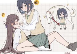  2girls animalization blue_eyes blush braid brown_hair brown_sweater_vest chinese_commentary commentary_request dog green_necktie green_skirt grey_socks haidao_mao half_up_braid hand_on_another's_cheek hand_on_another's_face highres long_hair long_sleeves miyagi_shiori multiple_girls necktie no_shoes open_mouth sendai_hazuki shirt shuuniichido_classmate_wo_kau_hanashi sidelocks skirt socks sparkle spoken_squiggle squiggle straddling sweater_vest white_shirt white_socks yuri 