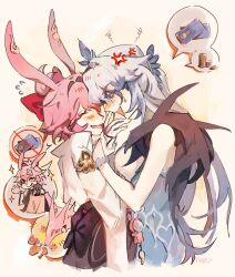  2girls absurdres anger_vein animal_ears bag blue_dress blue_eyes closed_eyes coin commentary dress evanescia_(honkai:_star_rail) fox_ears fox_girl highres holding holding_bag honkai:_star_rail honkai_(series) multiple_girls pink_hair shirt shopping_bag signature white_hair white_shirt yao_guang_(honkai:_star_rail) yimyumme 