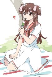  1girl 22/7 :t ? bow brown_eyes brown_hair commentary_request dango dress eating food hair_bow hair_ornament hanami hand_on_own_thigh holding holding_skewer long_hair neckerchief outdoors pink_bow pink_neckerchief pink_sailor_collar sailor_collar sailor_dress sanshoku_dango seiza sera_honoka short_sleeves sitting skewer solo tree trefle_r two_side_up wagashi white_dress 