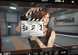  1girl alternate_universe black_shirt brown_hair che_sue00 claire_redfield clapperboard copyright_name dirty english_text game_screenshot_background grin highres in-universe_location knife_sheath resident_evil resident_evil_2 resident_evil_2_(remake) screenshot_background sheath shirt smile solo umbrella_corporation_logo 
