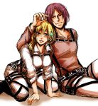  2girls akiyama_hanao all_fours blonde_hair christa_renz flower freckles hair_flower hair_ornament highres looking_at_viewer multiple_girls pants parted_lips purple_hair shingeki_no_kyojin short_hair sitting smile thigh_strap ymir_(shingeki_no_kyojin) 