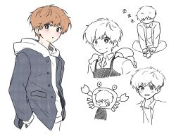  1boy apron blush brown_hair buttons commentary gakuran ganbare!_nakamura-kun!! hands_in_pockets highres hirose_aiki hood hood_down iyang2233 jacket jacket_over_hoodie looking_at_viewer male_focus multiple_views open_clothes open_jacket school_uniform short_hair simple_background sleeping untranslatable_commentary white_background zzz 