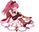  bad_id bare_shoulders black_legwear black_thighhighs boots detached_sleeves fang magic_circle mahou_shoujo_madoka_magica open_mouth polearm ponytail red_eyes red_hair redhead sakura_kyouko sitting solo spear thigh-highs thighhighs vex_vex weapon 