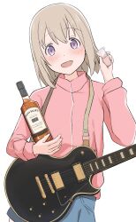  1girl absurdres ariita-san blush bocchi_the_rock! bottle commentary_request cosplay cup denim denim_skirt drinking_glass gotoh_hitori gotoh_hitori_(cosplay) grey_hair guitar highres holding holding_bottle holding_cup instrument kamiina_botan_yoeru_sugata_wa_yuri_no_hana looking_at_viewer medium_hair open_mouth pink_track_suit shot_glass simple_background skirt tonami_ibuki track_suit violet_eyes white_background 