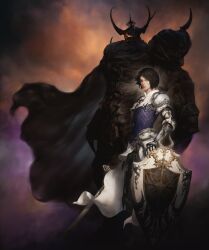  1boy 1girl armor black_armor black_cape black_hair cape fake_horns final_fantasy final_fantasy_xiv formtheheadcom full_armor glowing glowing_eyes golbez golbez_(ff14) helmet highres horned_helmet horns paladin_(final_fantasy) shield short_hair standing sword tall_male weapon zero_(ff14) 