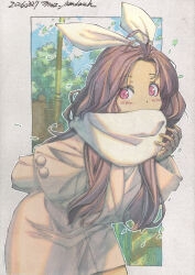  1girl adjusting_scarf animal_ears arm_behind_back border brown_coat brown_hair capelet coat commentary_request dated day dot_nose eyeshadow falling_leaves fence fingernails highres lamppost leaf leaning_forward long_coat long_hair long_sleeves makeup making-of_available marker_(medium) meiz original outdoors outline outside_border painting_(medium) parted_bangs rabbit_ears rabbit_girl red_eyeshadow scarf scarf_over_mouth spring_(season) traditional_media tree watercolor_(medium) wavy_hair white_border white_outline 