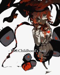  1girl black_pantyhose black_skirt blood blurry blurry_background breasts commentary copyright_name crt flesh glitch grey_eyes hair_between_eyes he_(minty) heart hello_charlotte high_ponytail highres looking_up medium_breasts neck_ribbon pantyhose pixel_heart ponytail red_hair red_ribbon ribbon scared scarlett_eyler shirt sidelocks simple_background skirt solo television tendril tentacle_around_neck tentacles too_many_eyes white_background white_shirt yellow_eyes 