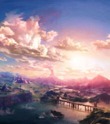  absurdres aura blue_sky bridge castle clouds dark_aura day gradient_sky highres mountainous_horizon no_humans official_art orange_sky outdoors river scenery sheikah_tower sky smoke sunrise takumi_wada the_legend_of_zelda the_legend_of_zelda:_breath_of_the_wild third-party_source very_wide_shot volcano 