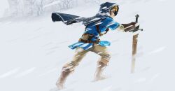  1boy arm_up bare_tree belt blizzard blonde_hair blue_cape blue_eyes blue_shirt boots brown_boots brown_gloves brown_pants cape closed_mouth from_side gloves heel_up highres holding holding_sword holding_weapon hood hood_up hooded_cape knee_boots layered_sleeves link long_sleeves male_focus official_art outdoors pants planted planted_sword pouch profile shirt short_over_long_sleeves short_sleeves snow solo sword takumi_wada the_legend_of_zelda the_legend_of_zelda:_breath_of_the_wild third-party_source tree undershirt walking weapon white_background wind 