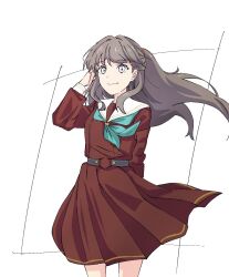  1girl aqua_neckerchief arm_behind_back arm_up brown_dress brown_hair closed_mouth cowboy_shot dress fujishima_megumi grey_eyes hasu_no_sora_school_uniform highres link!_like!_love_live! long_hair long_sleeves love_live! medium_dress neckerchief pleated_dress sailor_collar sailor_dress school_uniform simple_background smile solo standing toono2145 two_side_up virtual_youtuber white_background white_eyes white_sailor_collar winter_uniform 