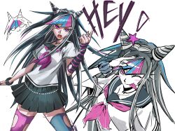  1girl ;p absurdres arm_up arm_warmers asymmetrical_legwear black_hair black_nails black_sailor_collar black_skirt blue_hair commentary danganronpa_(series) danganronpa_2:_goodbye_despair english_commentary english_text eyelashes face_piercing frosty_neo1 grey_hair hair_horns highres index_finger_raised jewelry leg_tattoo long_hair mioda_ibuki mismatched_legwear multicolored_hair multiple_views nail_polish neckerchief necklace one_eye_closed piercing pink_eyes pink_hair pink_neckerchief pleated_skirt sailor_collar shirt short_sleeves single_arm_warmer skirt star_(symbol) streaked_hair striped_arm_warmers tattoo thigh-highs tongue tongue_out tongue_piercing torn_clothes torn_thighhighs very_long_hair white_background white_shirt wristband 