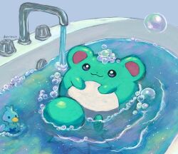  :3 animal_focus bath bathing bathtub bubble commentary dietranch ducklett english_commentary faucet highres indoors looking_at_viewer marill no_humans painterly pokemon pokemon_(creature) pokemon_focus rubber_duck signature soap_bubbles water 