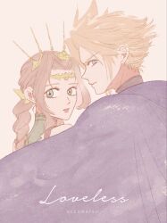  aerith_gainsborough aerith_gainsborough_(loveless_dress) artist_name bare_shoulders blonde_hair blue_cloak blue_eyes braid braided_ponytail brown_hair circlet cloak cloud_strife cloud_strife_(alphreid_costume) commentary_request crown dress final_fantasy final_fantasy_vii final_fantasy_vii_rebirth final_fantasy_vii_remake green_eyes hair_ornament hairclip highres long_hair nekomatsu official_alternate_costume parted_bangs parted_lips princess_rosa_costume short_hair sidelocks single_braid sleeveless sleeveless_dress spiky_hair white_background 