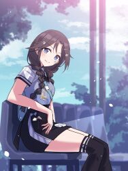  1girl absurdres black_hair black_necktie black_skirt black_socks blue_shirt blue_sky blush braid chair clouds highres idolmaster idolmaster_shiny_colors jtangc kneehighs looking_at_viewer low_twin_braids mitsumine_yuika multiple_hair_clips necktie shirt sitting skirt sky smile socks solo striped_clothes striped_socks thighs tree twin_braids 