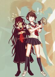  ! 2girls ahoge black_serafuku black_shirt black_shoes black_skirt blue_sailor_collar blue_skirt blue_socks brown_hair catingas closed_mouth collared_shirt commentary danganronpa_(series) danganronpa_another_episode:_ultra_despair_girls english_commentary flying_sweatdrops fukawa_toko full_body glasses green_eyes hair_between_eyes hair_ornament hairclip highres holding holding_megaphone kneehighs long_sleeves megaphone mole mole_under_mouth multiple_girls naegi_komaru neckerchief necktie own_hands_together red_neckerchief red_necktie round_eyewear sailor_collar school_uniform serafuku shirt shoes short_hair short_sleeves sidelocks skirt socks standing third-party_source torn_clothes torn_neckerchief torn_skirt white_sailor_collar white_shirt white_shoes 