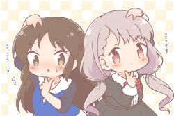  2girls arm_up black_jacket black_skirt blue_dress blush braid braided_bangs brown_eyes brown_hair checkered_background closed_mouth collared_shirt commentary_request dress flying_sweatdrops grey_hair hair_over_shoulder hand_up hisakawa_nagi idolmaster idolmaster_cinderella_girls jacket juliet_sleeves long_hair long_sleeves low_twintails mitarashi_neko multiple_girls parted_lips puffy_sleeves shirt skirt sparkle tachibana_arisu translation_request twintails v very_long_hair white_shirt 