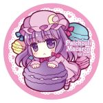  :&lt; bad_id bow character_name chibi crescent frown hair_bow hat long_hair lowres macaron patchouli_knowledge purple_eyes purple_hair solo touhou violet_eyes wasabi_(sekai) 