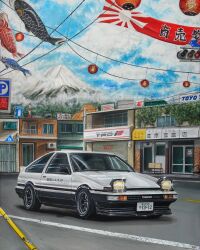  acrylic_paint_(medium) car check_all_time english_commentary fujiwara_takumi's_toyota_trueno_ae86 highres initial_d kite lantern license_plate motor_vehicle mount_fuji no_humans painting_(medium) pop-up_headlights realistic rising_sun_flag shadow sparkle sunburst toyota toyota_sprinter_trueno traditional_media vehicle_focus white_car 