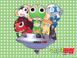  5boys black_eyes blue_eyes copyright_name cup dororo_(keroro_gunsou) frog giroro glasses green_background hat headphones keroro keroro_gunsou kururu_(keroro_gunsou) looking_at_viewer mask mouth_mask multiple_boys ninja_mask official_art official_wallpaper simple_background star_(symbol) tadpole tamama ufo yoshizaki_mine yunomi 